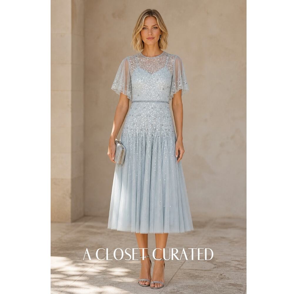 Mac Duggal Flutter Sleeve Beaded Tea Length Dress 6 Blue NWT Style 93655